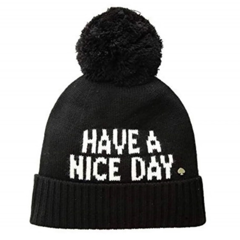 kate spade ♠️ ‘Have A Nice Day’ Black Pom Pom Hat